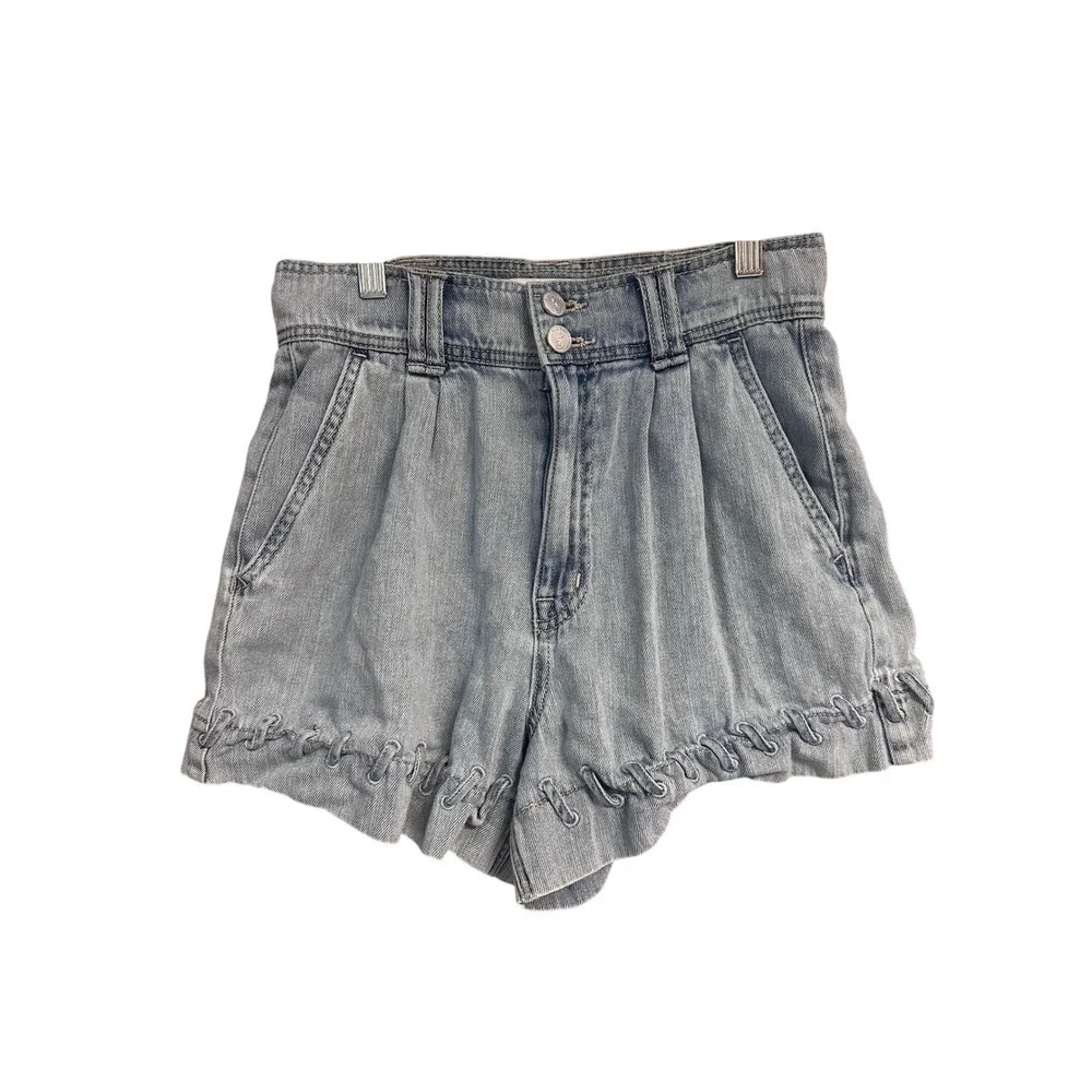 Sam Edelman Womens High Rise Pleated Braided Hem Denim Shorts Light Wash 27 Boho